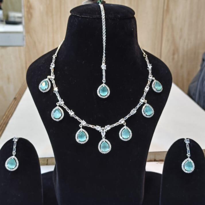 Sophisticated Blue Stone Necklace Set with Earrings and Maang Tikka